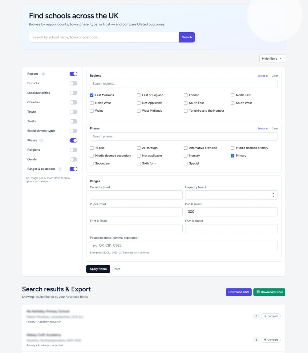 Advanced school filter & export tool for multi-academy trusts